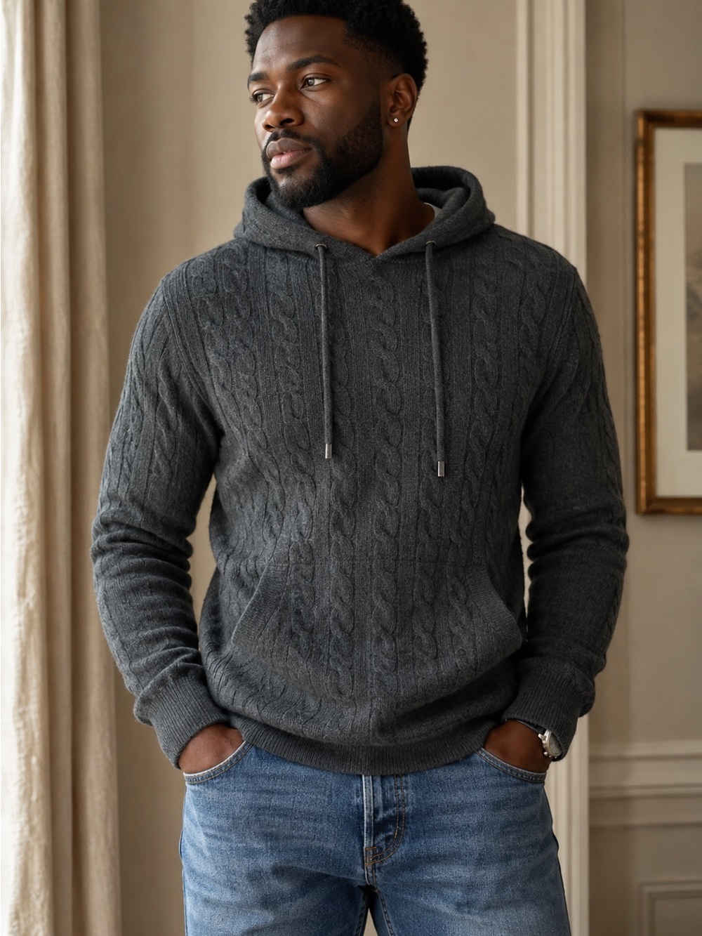 Ron Dorff Charcoal/Khaki Wool/Cashmere Cable-Knit Hoodie Sweater